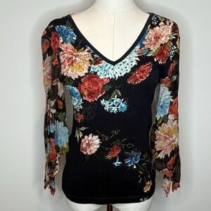 Forbidden Black Floral Mesh Sleeve Top Women Small Boho Y2K Cottagecore